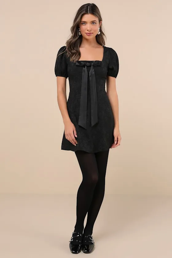 Polished Sweetie Black Jacquard Bow Puff Sleeve Mini Dress sold by Lulus product image thumbnail 3