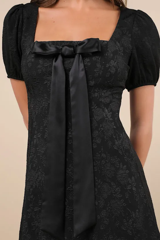 Polished Sweetie Black Jacquard Bow Puff Sleeve Mini Dress sold by Lulus product image thumbnail 4