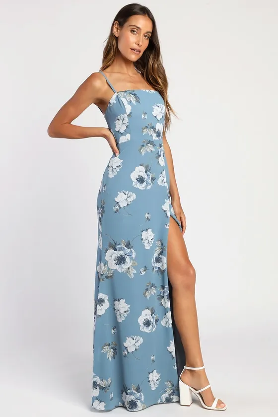 Feeling Elegant Slate Blue Floral Print Lace-Up Slit Maxi Dress sold by Lulus product image thumbnail 2