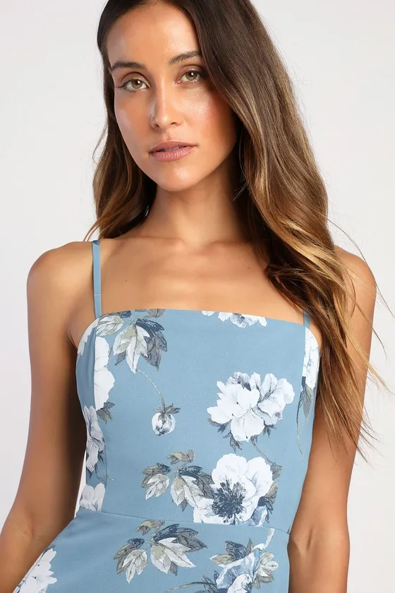 Feeling Elegant Slate Blue Floral Print Lace-Up Slit Maxi Dress sold by Lulus product image thumbnail 3