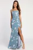 Feeling Elegant Slate Blue Floral Print Lace-Up Slit Maxi Dress sold by Lulus