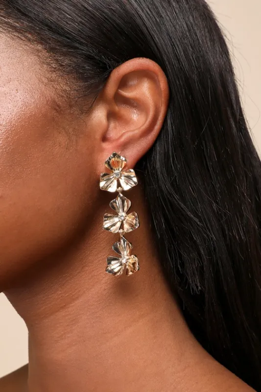 Glowing Charm Gold Rhinestone Flower Drop Earrings sold by Lulus