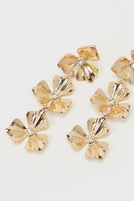 Glowing Charm Gold Rhinestone Flower Drop Earrings sold by Lulus product image thumbnail 2