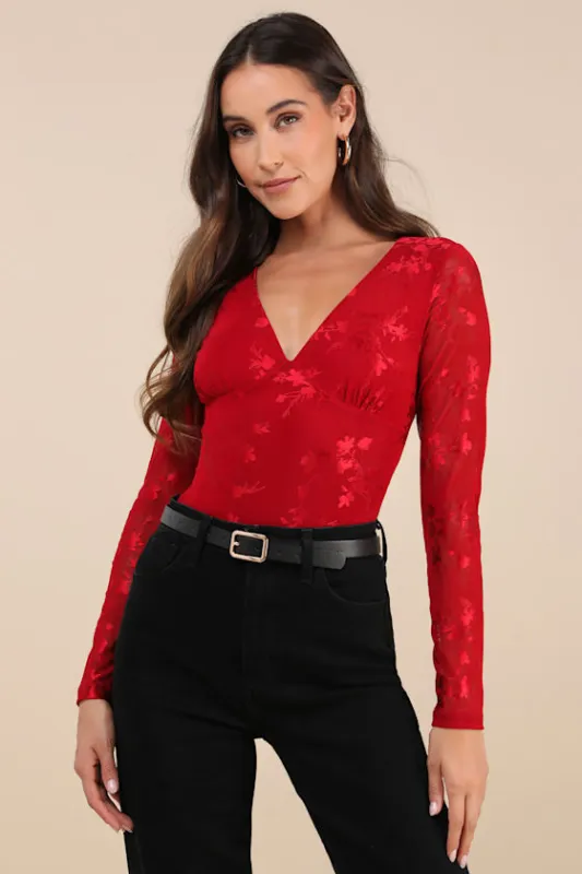 Chicly Mesmerizing Red Mesh Burnout Long Sleeve Bodysuit sold by Lulus