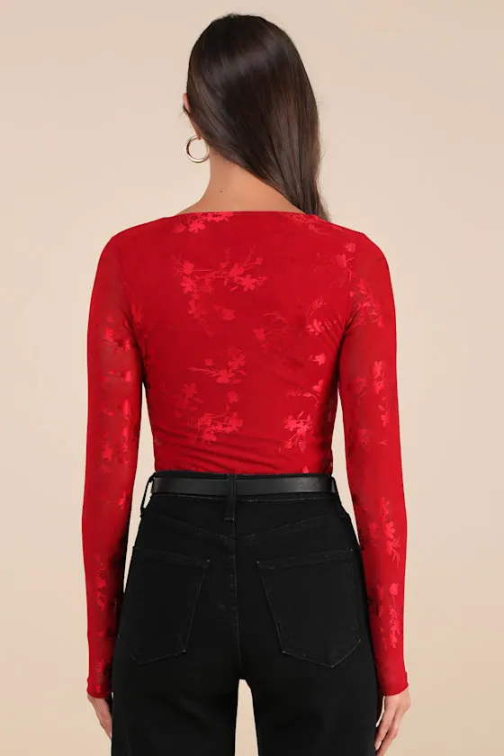 Chicly Mesmerizing Red Mesh Burnout Long Sleeve Bodysuit sold by Lulus product image thumbnail 2