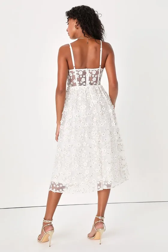 Darling Romance White Tulle Floral Applique Bustier Midi Dress sold by Lulus product image thumbnail 4