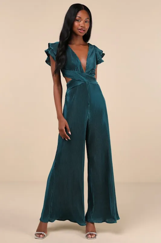 Luxe Decision Dark Teal Plisse Satin Cutout Wide-Leg Jumpsuit sold by Lulus
