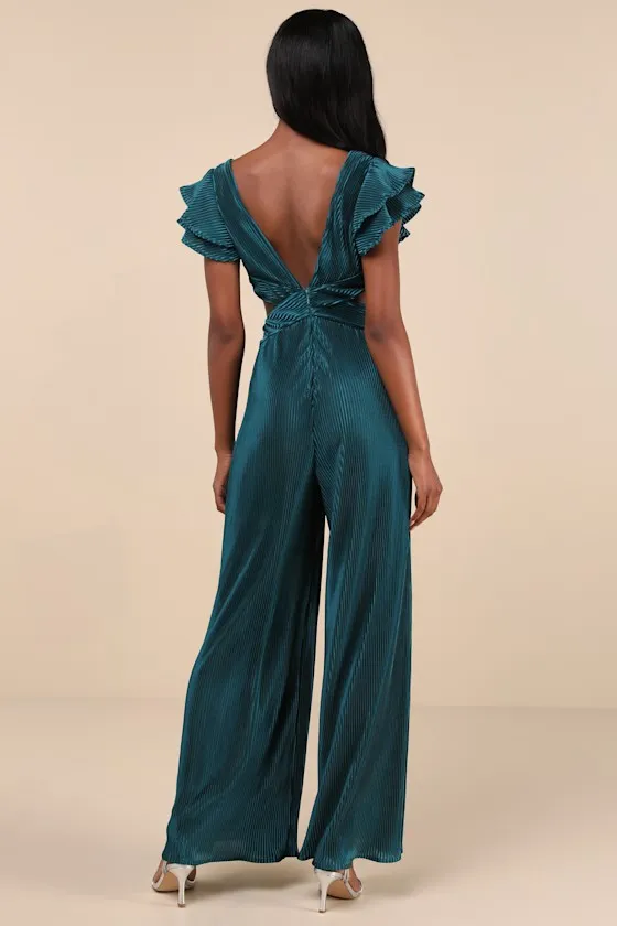 Luxe Decision Dark Teal Plisse Satin Cutout Wide-Leg Jumpsuit sold by Lulus product image thumbnail 2