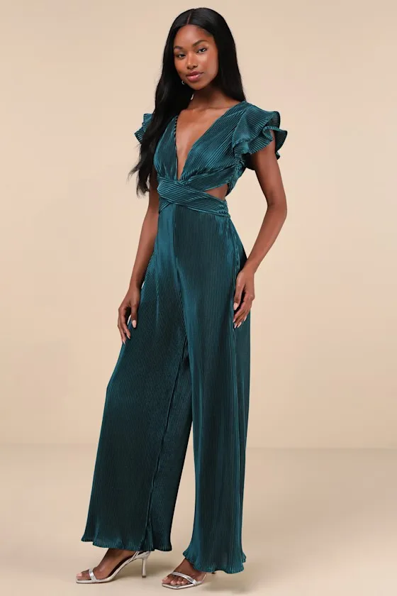 Luxe Decision Dark Teal Plisse Satin Cutout Wide-Leg Jumpsuit sold by Lulus product image thumbnail 4