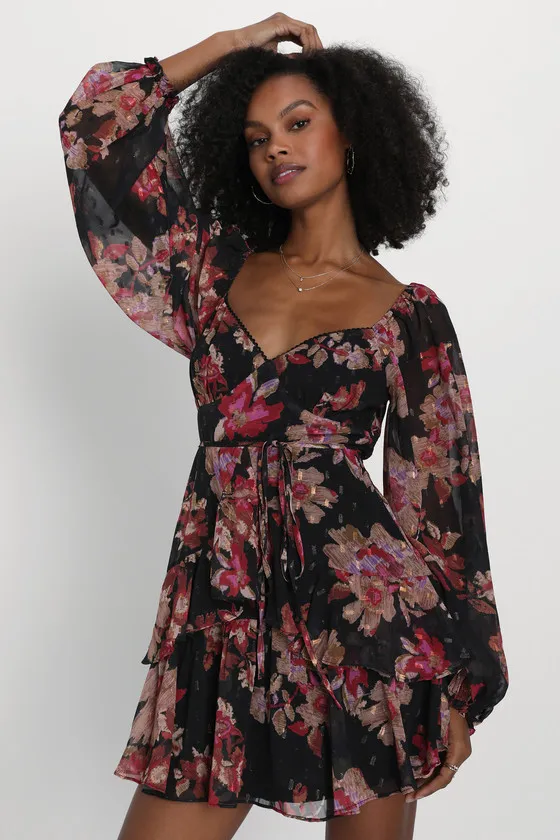 Dramatically Dreamy Black Floral Chiffon Tiered Lurex Mini Dress sold by Lulus