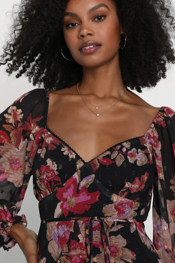 Dramatically Dreamy Black Floral Chiffon Tiered Lurex Mini Dress sold by Lulus product image thumbnail 2