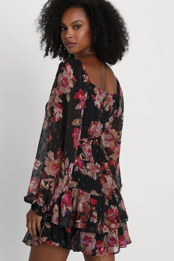 Dramatically Dreamy Black Floral Chiffon Tiered Lurex Mini Dress sold by Lulus product image thumbnail 4