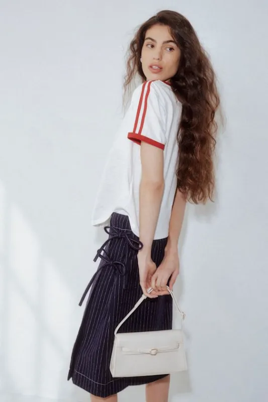 Rasmina Dark Blue Pinstripe Wool-Blend Faux-Wrap Midi Skirt sold by Lulus