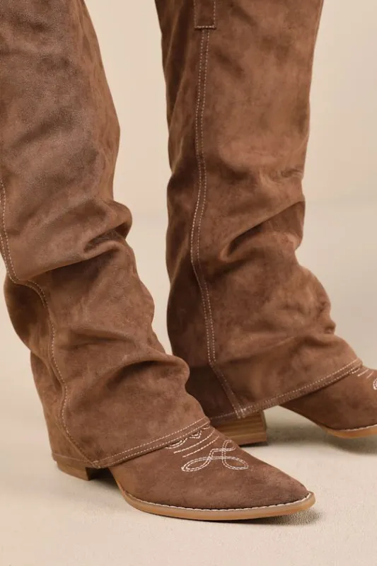 Emiliya Brown Suede Fold-Over Knee-High Western Boots sold by Lulus