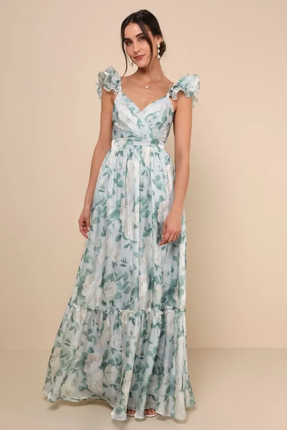 Soiree Perfection Light Blue Floral Ruffled Tiered Maxi Dress sold by Lulus