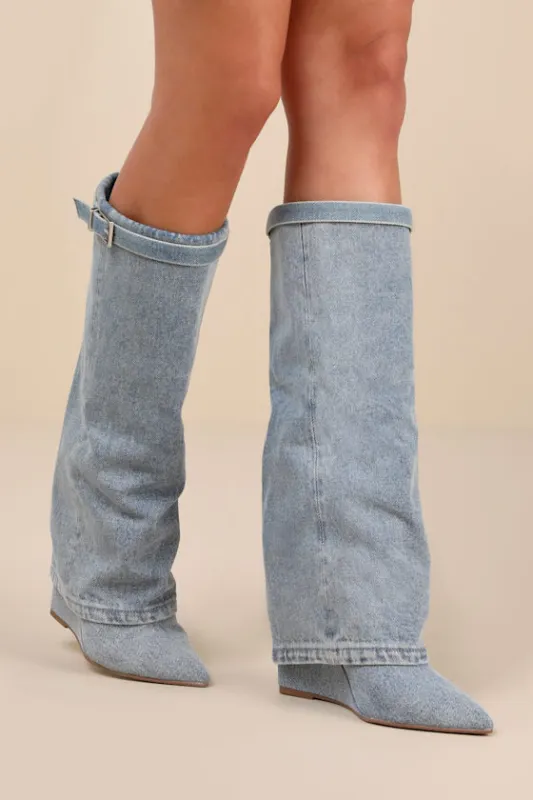 Corenne Denim Fold-Over Knee-High Wedge Boots made by Steve Madden