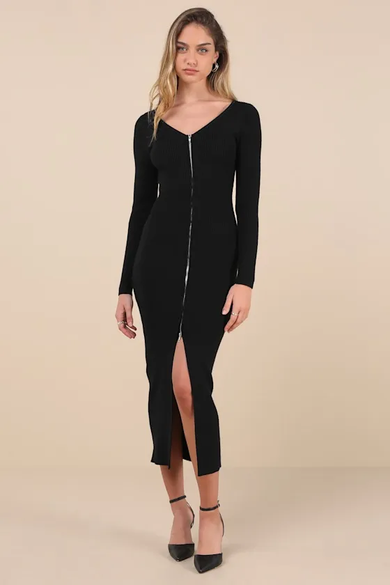 Snuggly Sweetness Black Ribbed Zip-Front Sweater Midi Dress sold by Lulus
