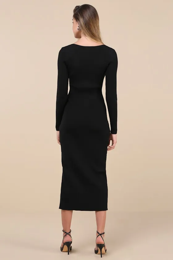 Snuggly Sweetness Black Ribbed Zip-Front Sweater Midi Dress sold by Lulus product image thumbnail 2