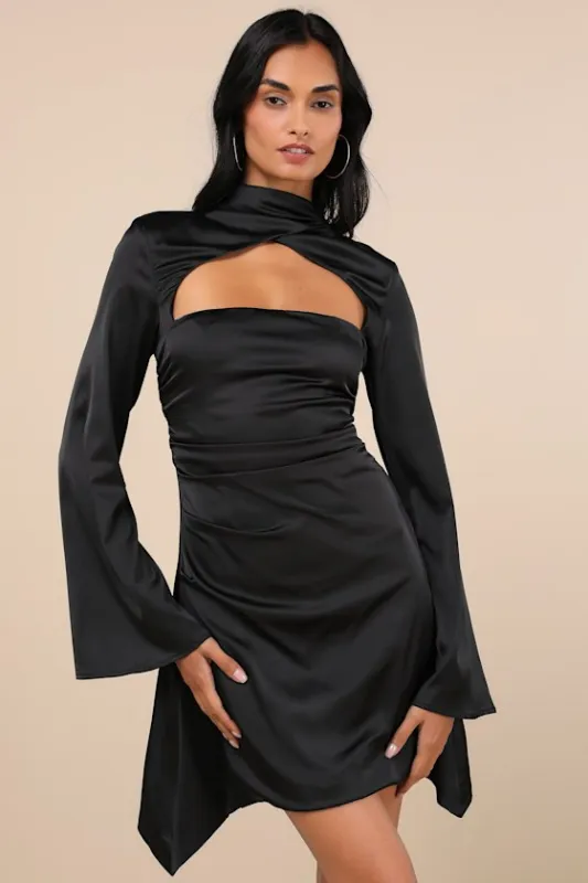 Sultry Elevation Black Satin Long Sleeve Cutout Mini Dress sold by Lulus