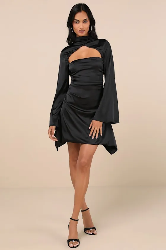 Sultry Elevation Black Satin Long Sleeve Cutout Mini Dress sold by Lulus product image thumbnail 2