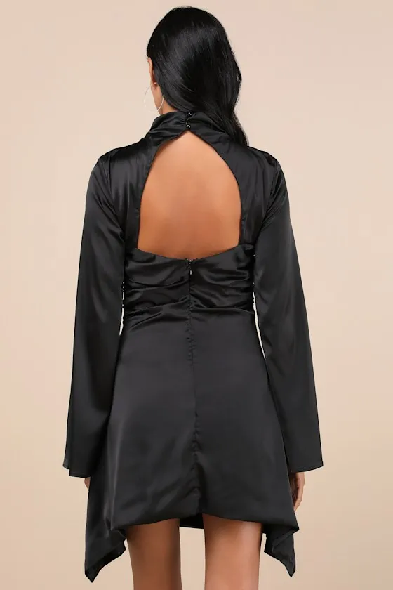 Sultry Elevation Black Satin Long Sleeve Cutout Mini Dress sold by Lulus product image thumbnail 3