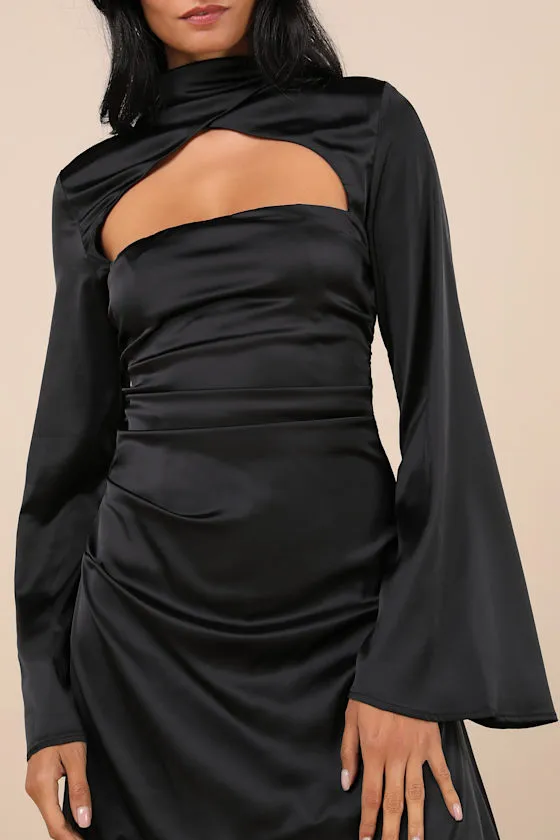 Sultry Elevation Black Satin Long Sleeve Cutout Mini Dress sold by Lulus product image thumbnail 4