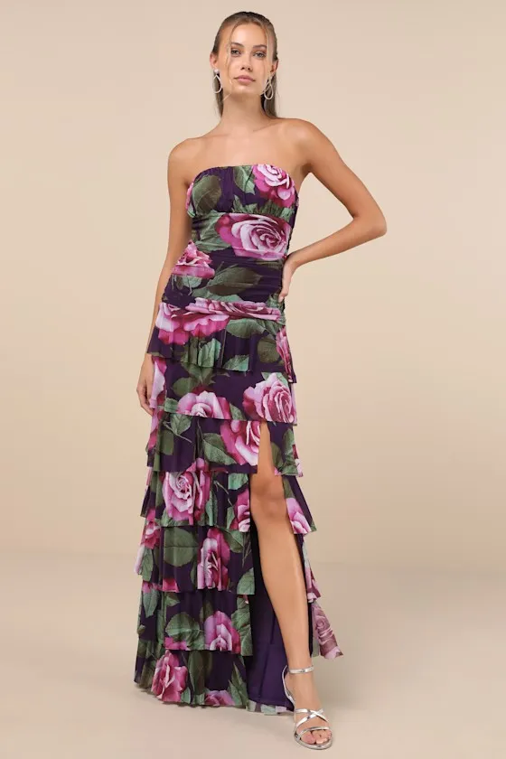 Phenomenal Aura Plum Floral Ruched Tiered Strapless Maxi Dress sold by Lulus