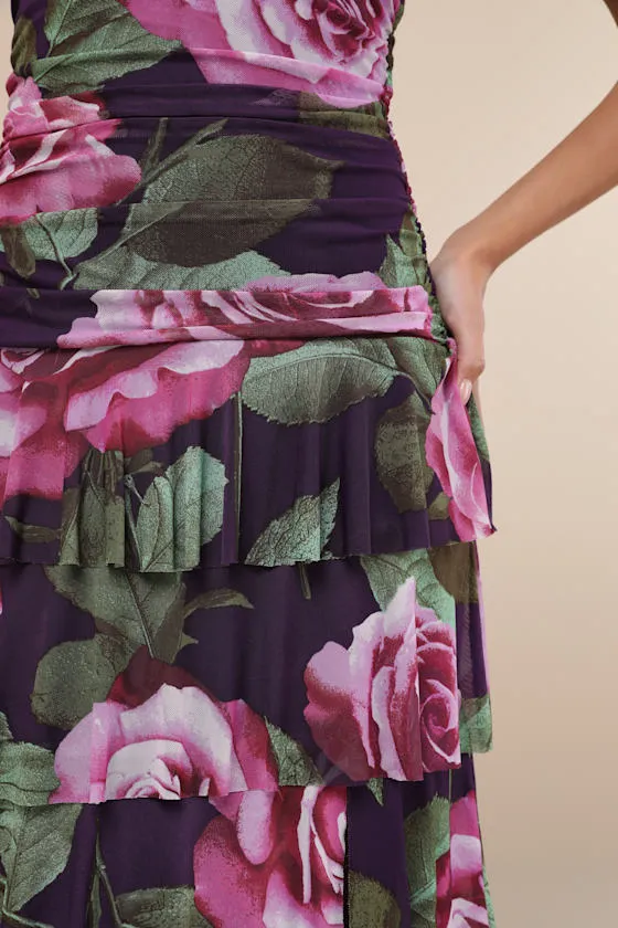 Phenomenal Aura Plum Floral Ruched Tiered Strapless Maxi Dress sold by Lulus product image thumbnail 3