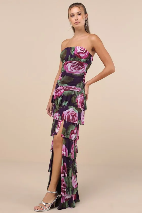 Phenomenal Aura Plum Floral Ruched Tiered Strapless Maxi Dress sold by Lulus product image thumbnail 4