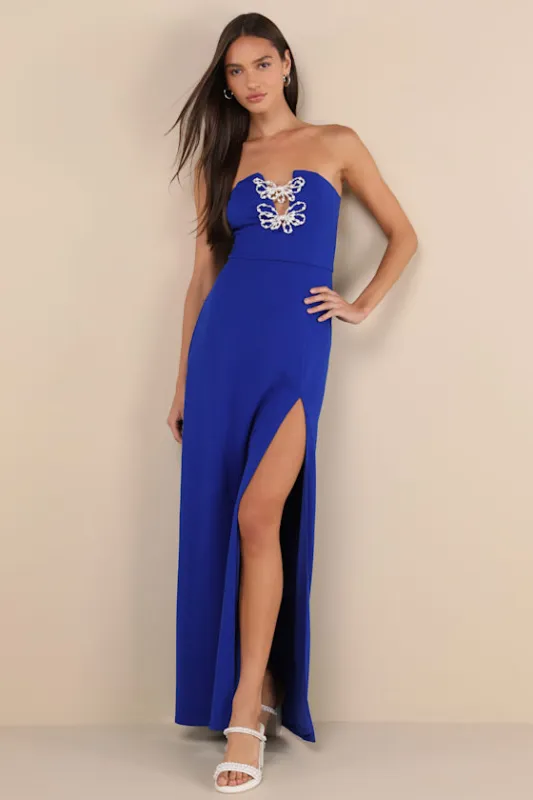 Striking Aura Royal Blue Pearl Strapless Mermaid Maxi Dress sold by Lulus