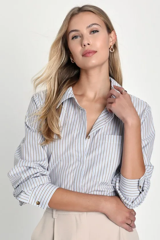 Refined Aesthetic Blue and White Striped Button-Up Top sold by Lulus