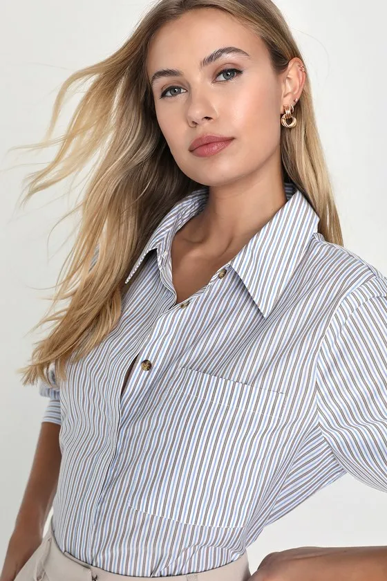 Refined Aesthetic Blue and White Striped Button-Up Top sold by Lulus product image thumbnail 4