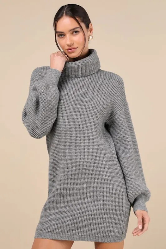 Casual Coziness Grey Waffle Knit Cowl Neck Sweater Dress sold by Lulus