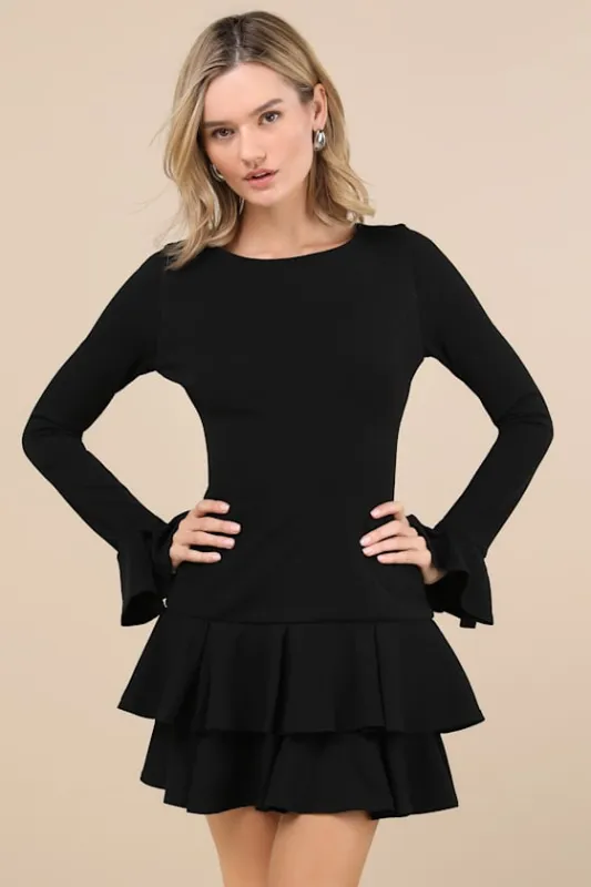 Immaculate Essence Black Tiered Drop Waist Mini Dress sold by Lulus