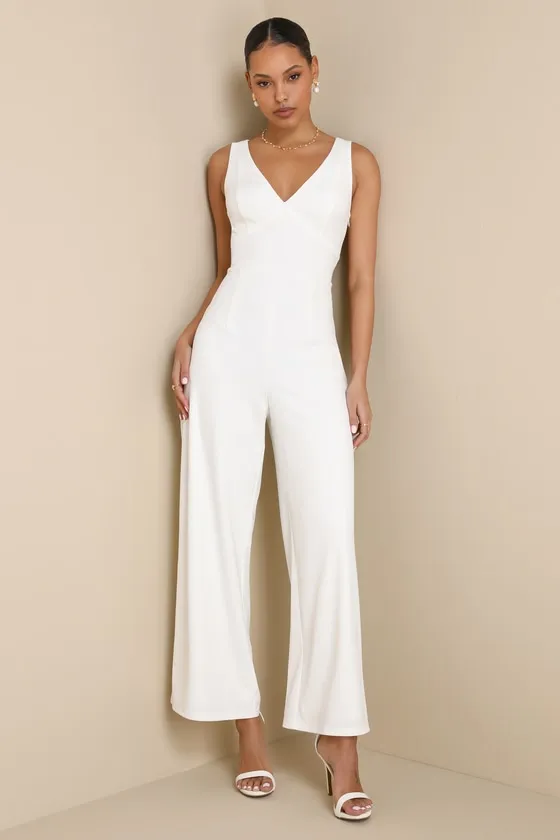 Sweet Eloquence White Lace Back Sleeveless Wide-Leg Jumpsuit sold by Lulus