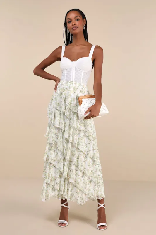 Feeling Flouncy Ivory Floral Print Tiered Ruffle Midi Skirt sold by Lulus
