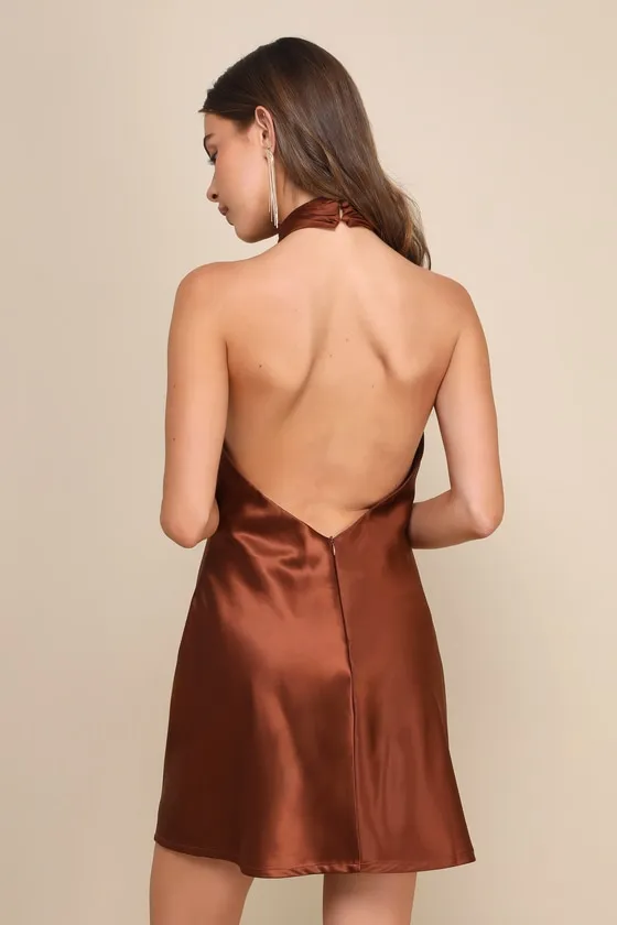 Beyond Classy Brown Satin Halter Mini Dress sold by Lulus product image thumbnail 2