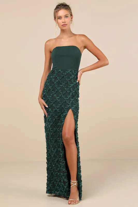 Ravishing Appeal Emerald 3D Floral Applique Strapless Maxi Dress sold by Lulus