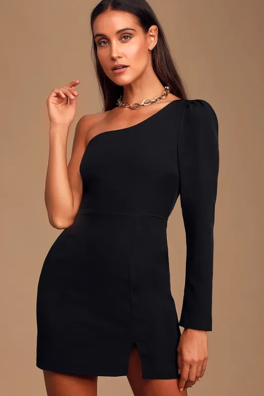 All Is Well Black One-Shoulder Long Sleeve Bodycon Dress sold by Lulus