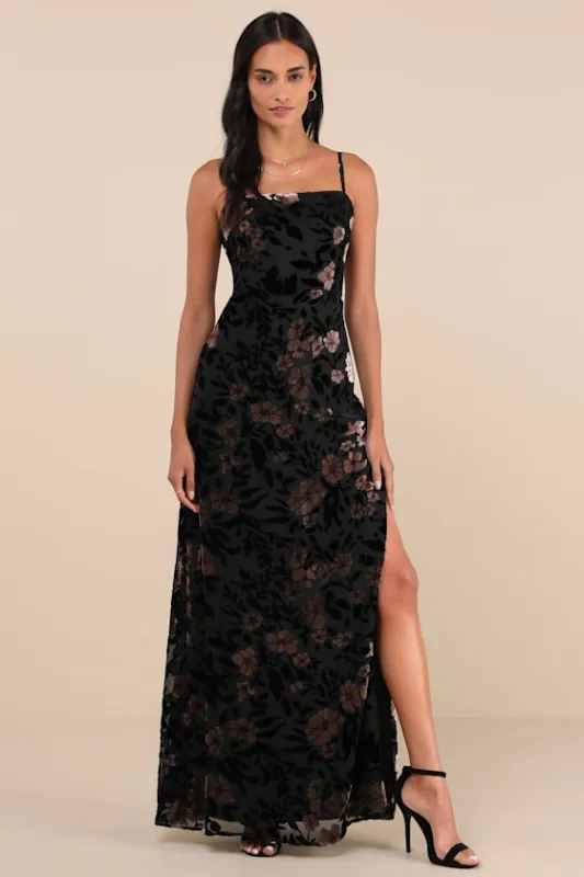 Effortless Celebration Black Floral Burnout A-Line Maxi Dress sold by Lulus