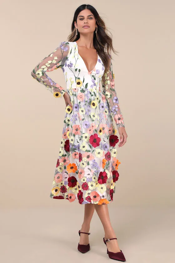 Impressive Blossom White 3D Floral Embroidered Midi Dress sold by Lulus