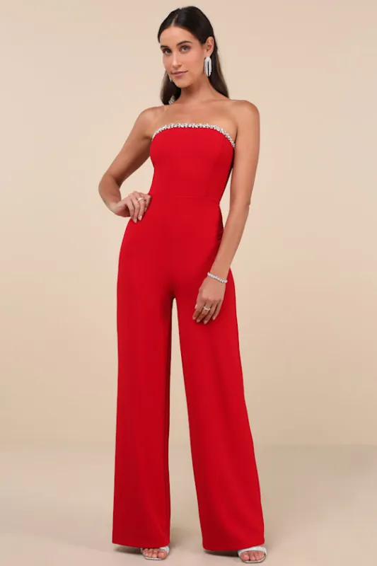 Lavish Muse Red Rhinestone Strapless Jumpsuit sold by Lulus