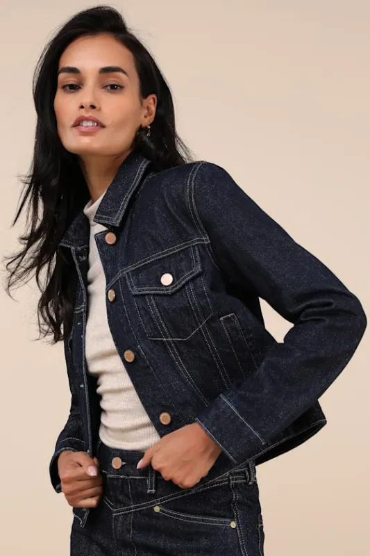 Over the Moon Dark Wash Cropped Denim Jacket sold by Lulus