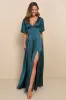 Elegant Confidence Teal Satin Flutter Sleeve Cutout Maxi Dress sold by Lulus