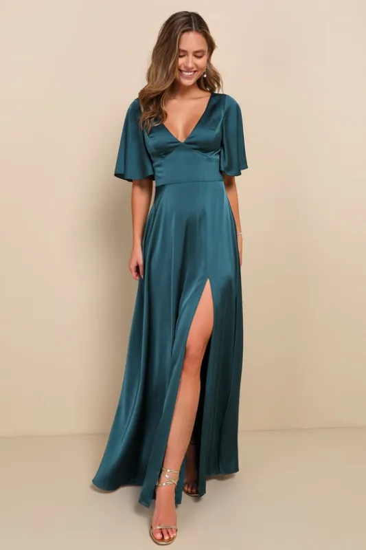 Elegant Confidence Teal Satin Flutter Sleeve Cutout Maxi Dress sold by Lulus