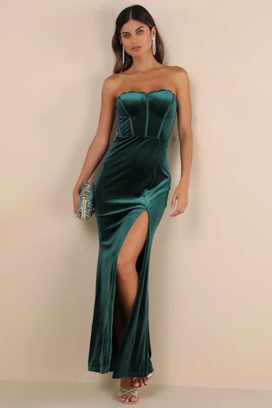 Luxurious Allure Emerald Green Velvet Strapless Maxi Dress sold by Lulus