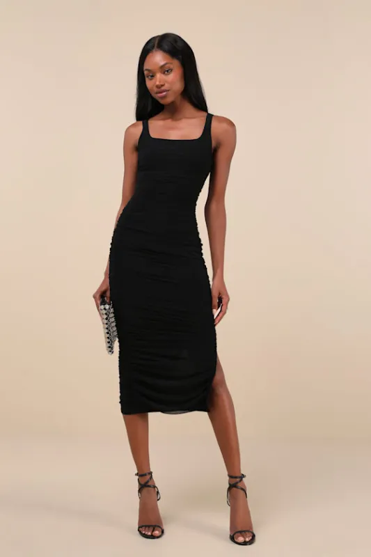 V.I.P. Treatment Black Mesh Ruched Bodycon Midi Dress sold by Lulus