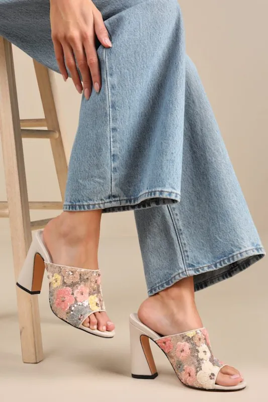 Callixta Pink Bone Floral Sequin High Heel Slide Sandals sold by Lulus