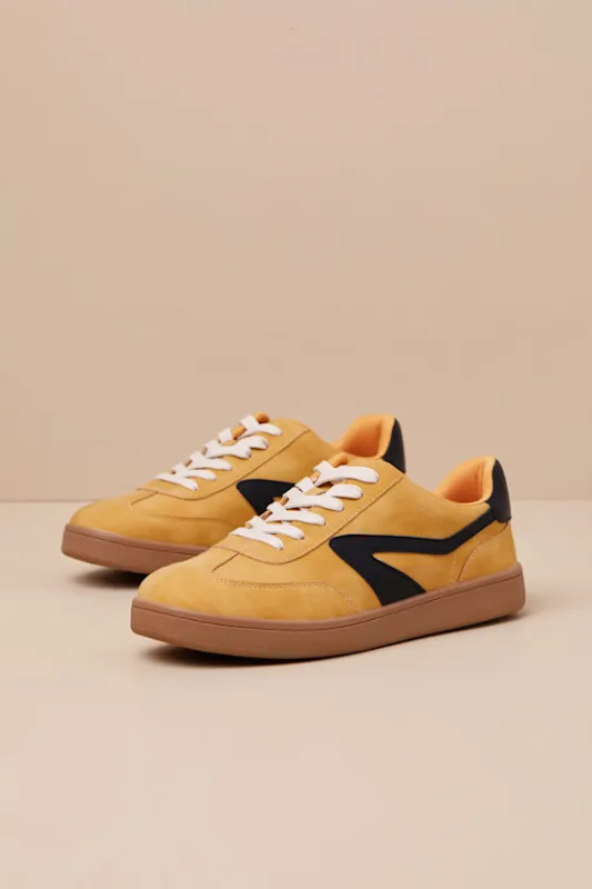 Voyage Mustard Color Block Suede Lace-Up Sneakers sold by Lulus