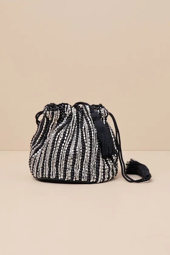 Momentous Glitter Black and Silver Beaded Bucket Bag sold by Lulus